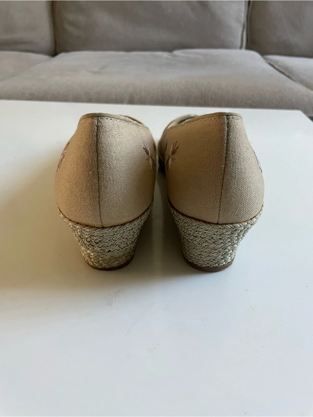 Neutral Embroidered Espadrille Wedge Pumps - Tan